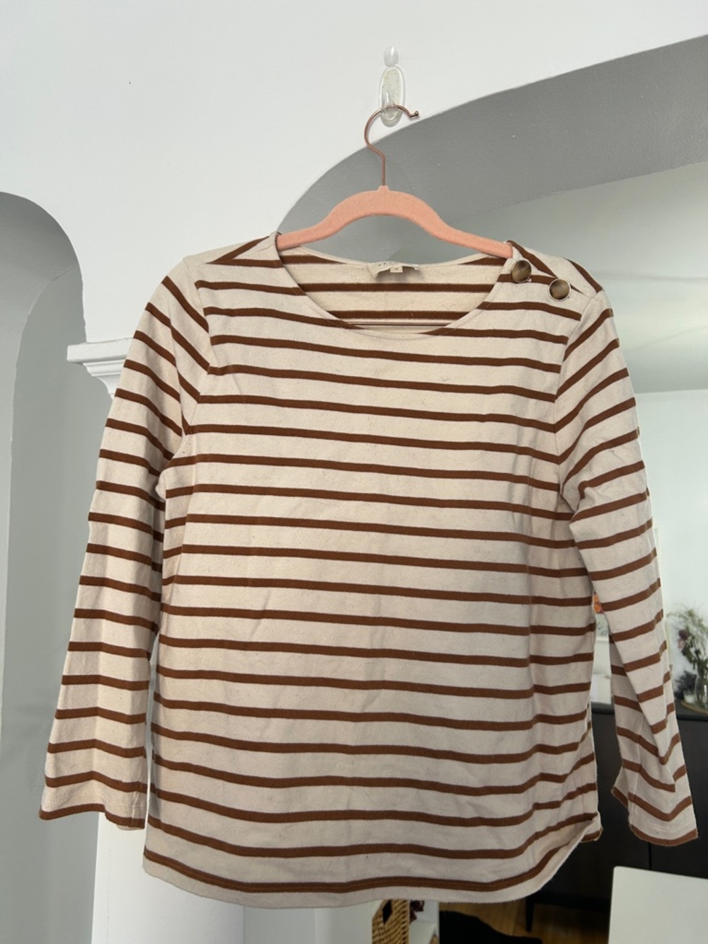 Sezane Cream & Brown Striped Boatneck Knit Top with Shoulder Buttons